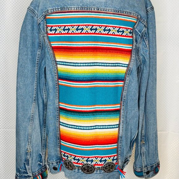 Upcycled Levis Western jean jacket w/colorful Mexican blanket Pendleton wool XL - Picture 1 of 5
